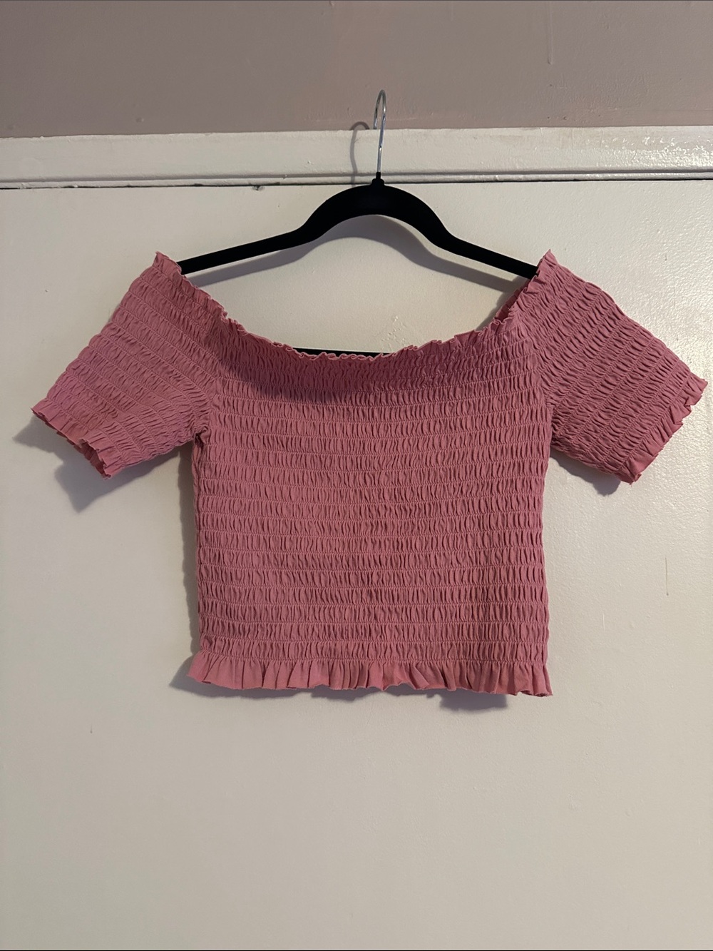 Smocked Off-Shoulder Pink Women's Crop Top